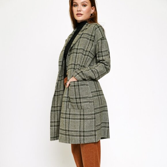 MYSTREE Plaid Longline Coat, Olive Green Grey Check Blazer Jacket, Classic - Picture 4 of 6